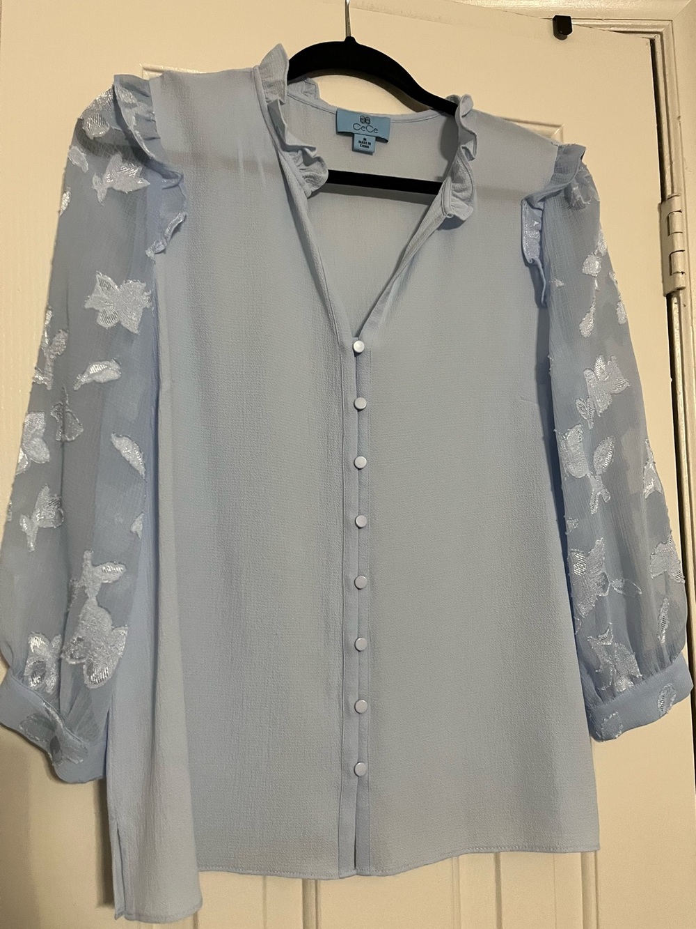 Cece Light Blue Ruffle V-Neck Blouse with Sheer Embroidered Sleeves